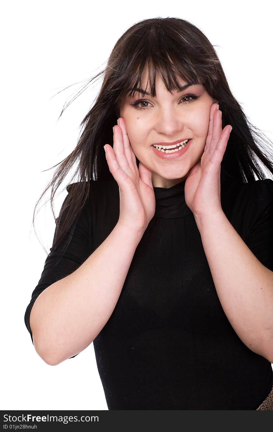 Happy brunette woman over white background. Happy brunette woman over white background