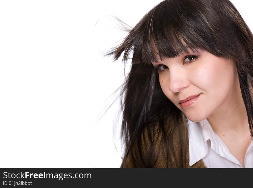 Happy brunette woman over white background. Happy brunette woman over white background