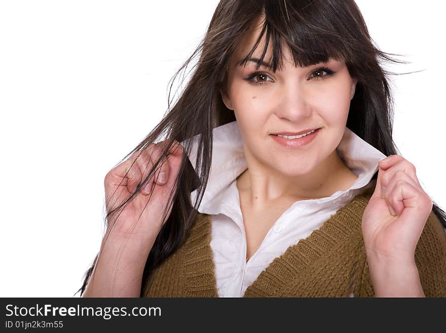 Happy brunette woman over white background. Happy brunette woman over white background