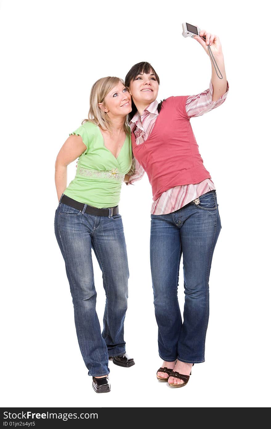 Happy two women over white background. Happy two women over white background