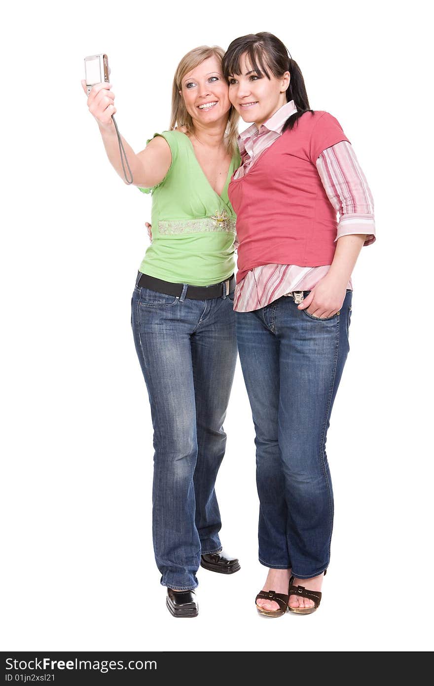 Happy two women over white background. Happy two women over white background