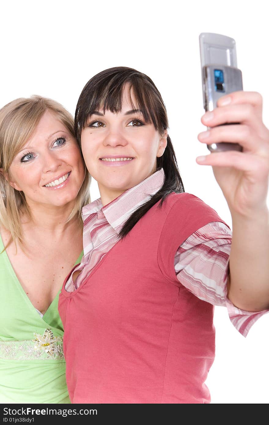 Happy two women over white background. Happy two women over white background