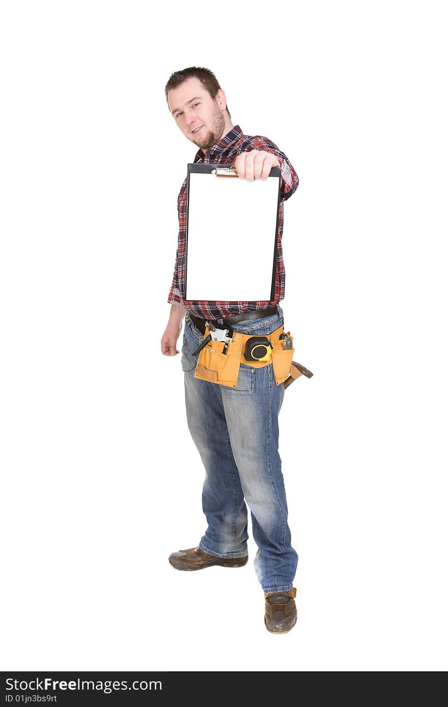 Worker with tools. over white background