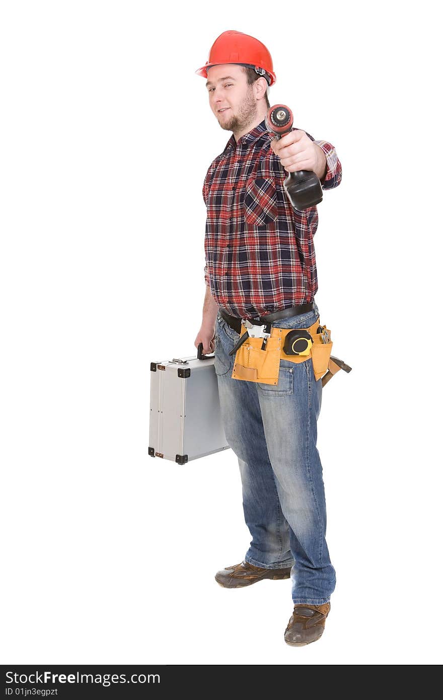 Worker with tools. over white background