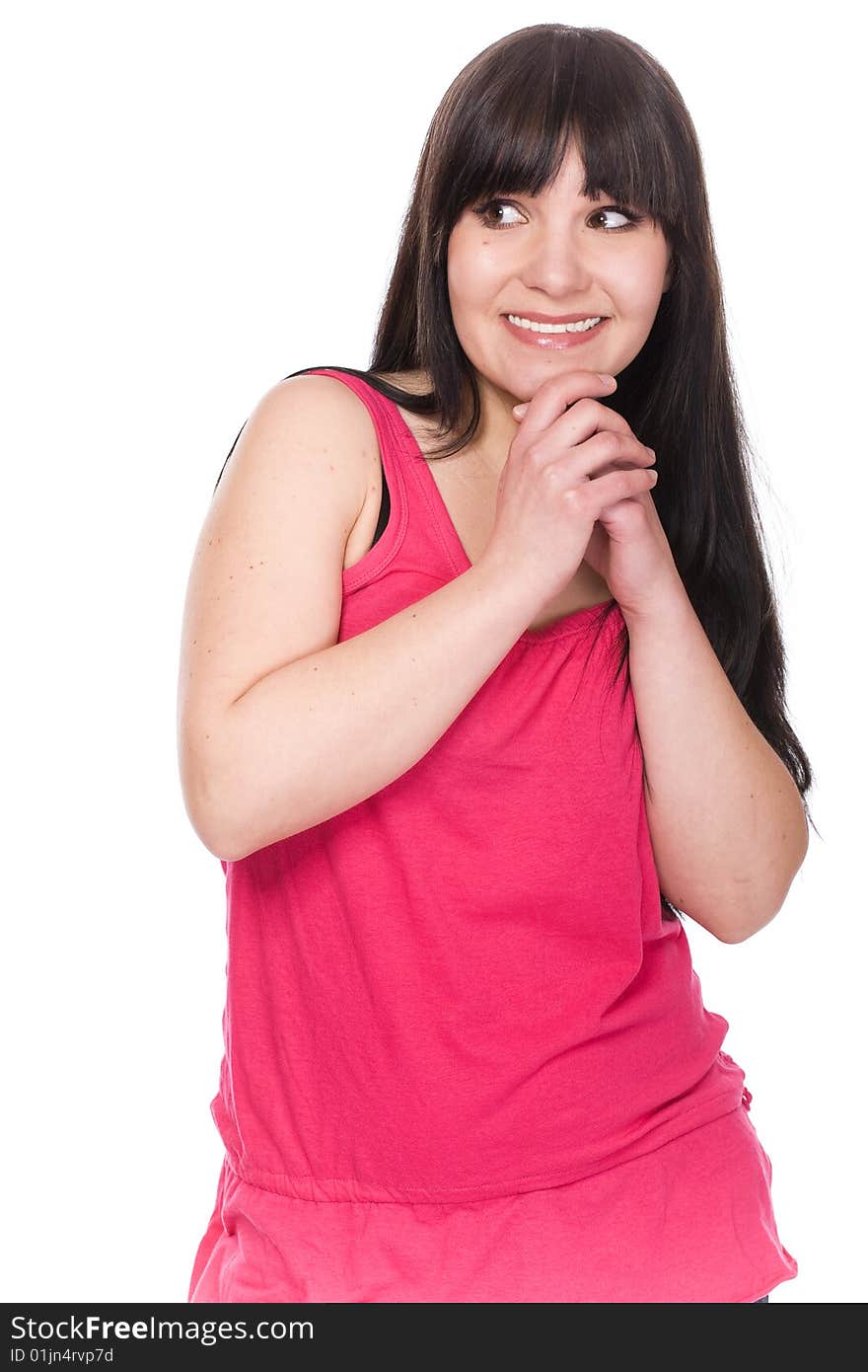 Happy brunette woman over white background. Happy brunette woman over white background