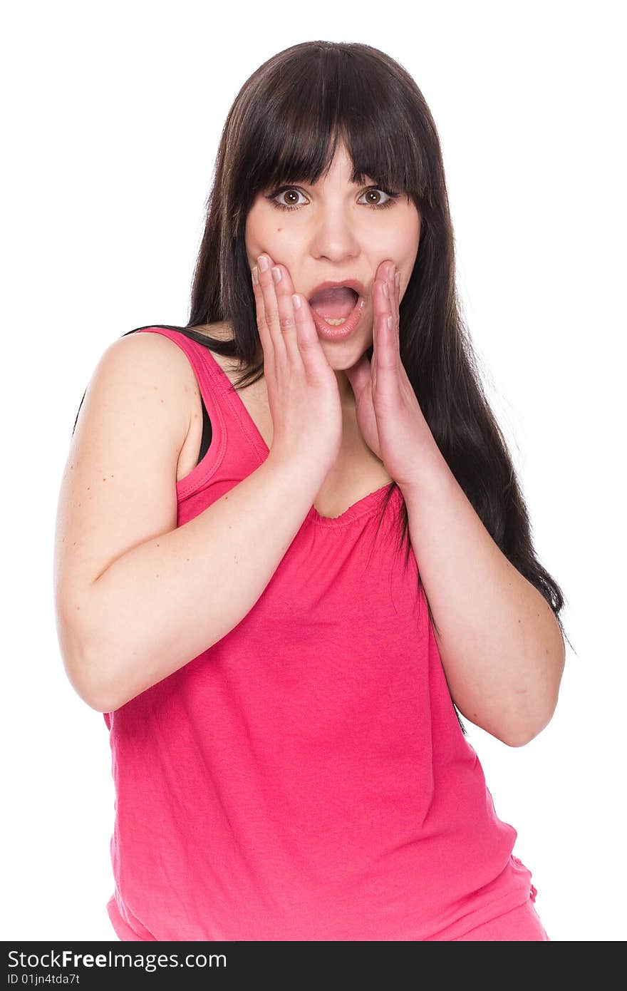 Happy brunette woman over white background. Happy brunette woman over white background