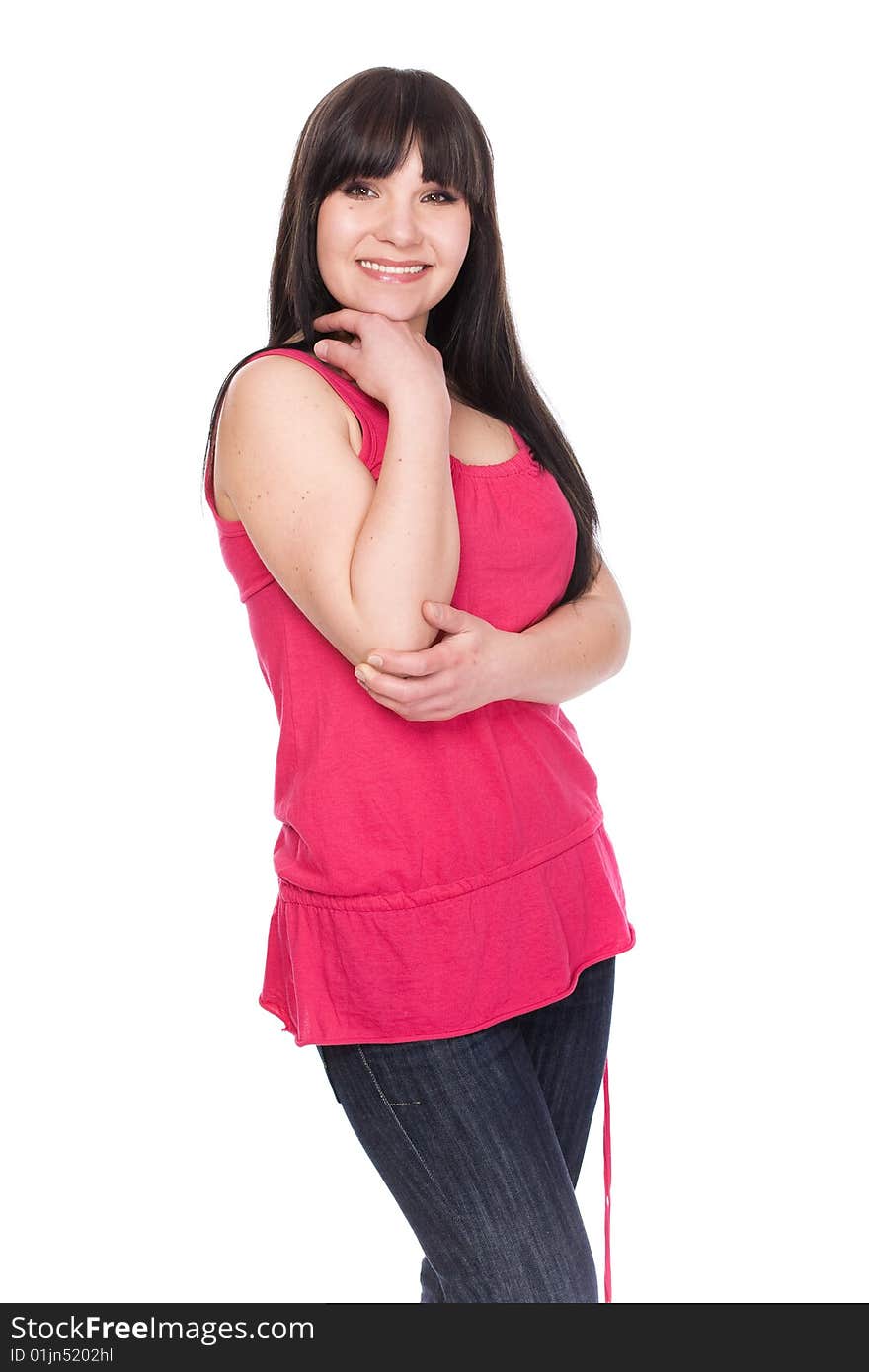 Happy brunette woman over white background. Happy brunette woman over white background