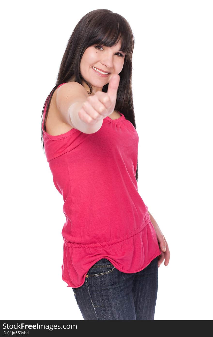 Happy brunette woman over white background. Happy brunette woman over white background