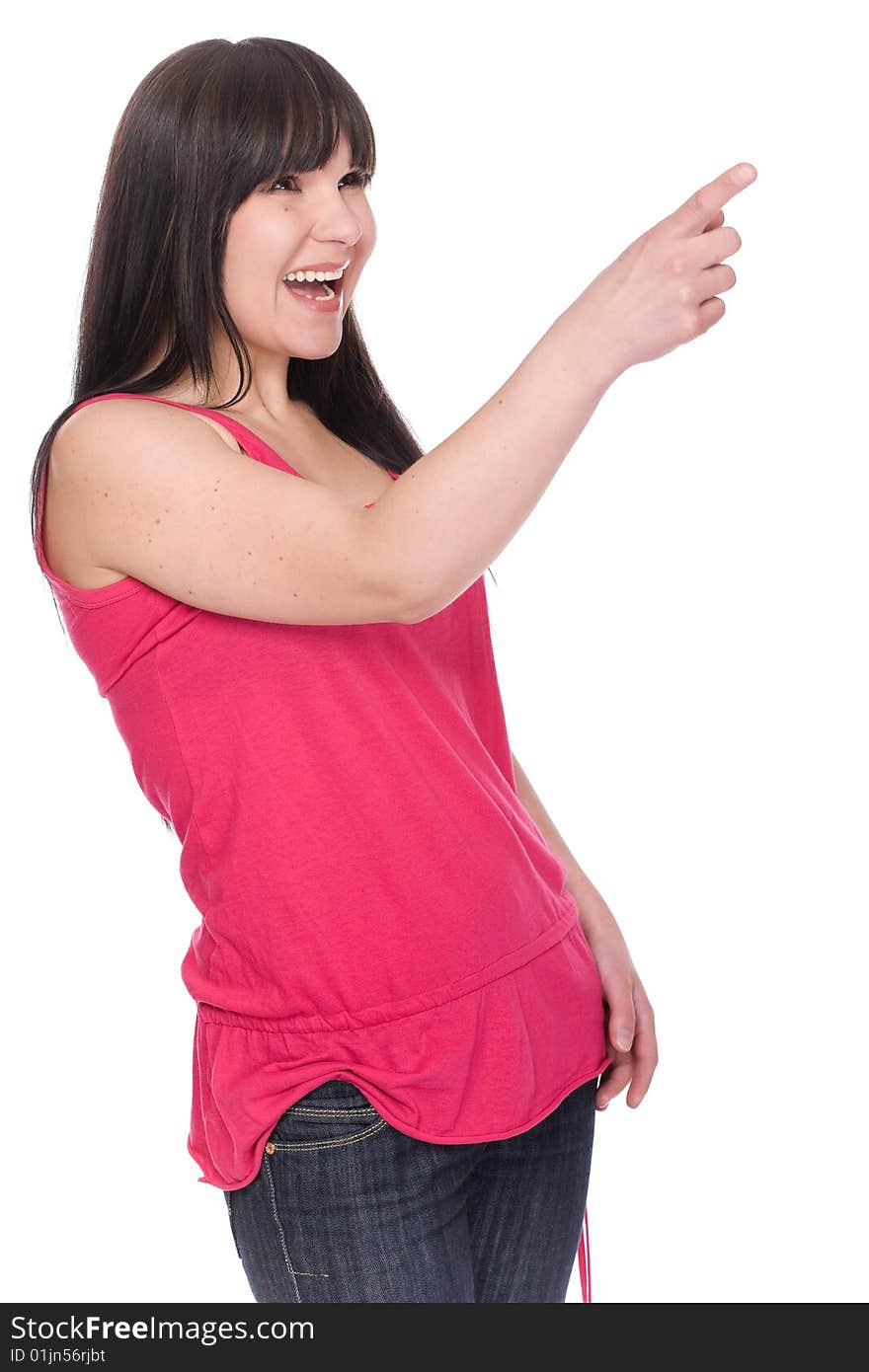 Happy brunette woman over white background. Happy brunette woman over white background