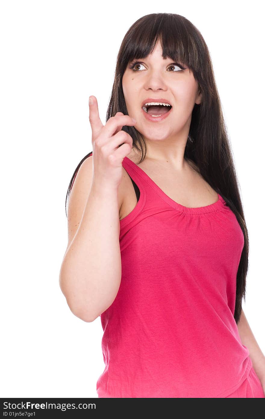 Happy brunette woman over white background. Happy brunette woman over white background