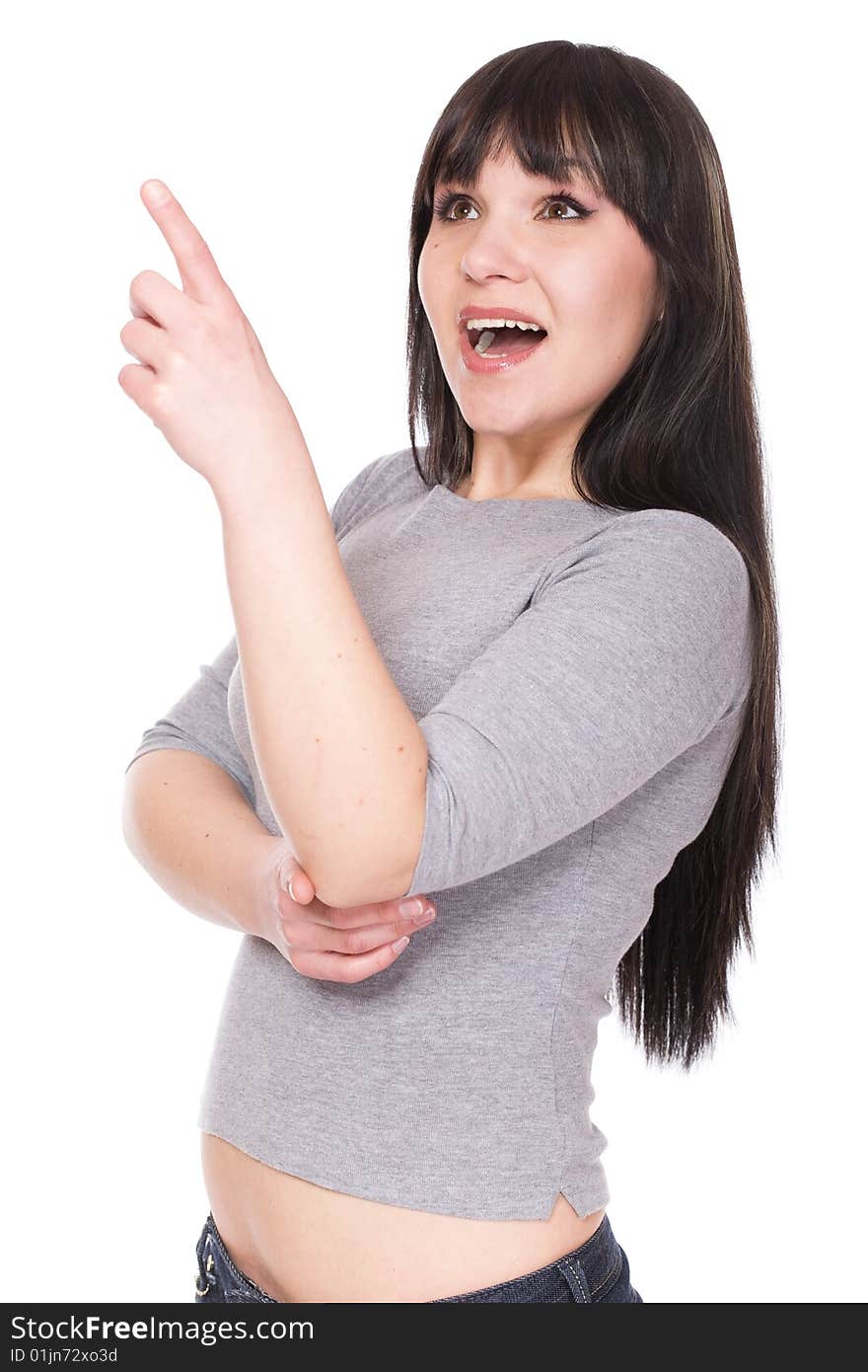 Happy brunette woman over white background. Happy brunette woman over white background