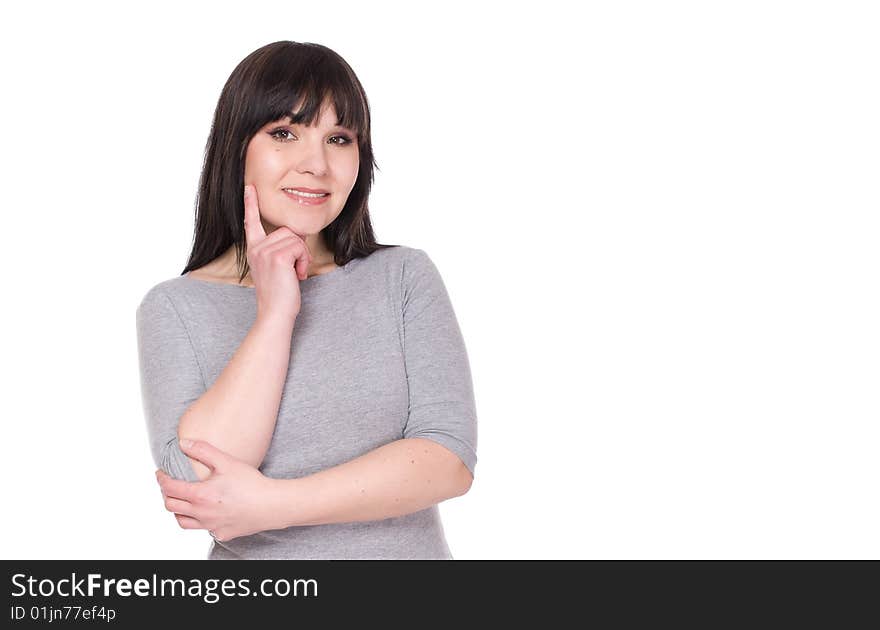 Happy brunette woman over white background. Happy brunette woman over white background