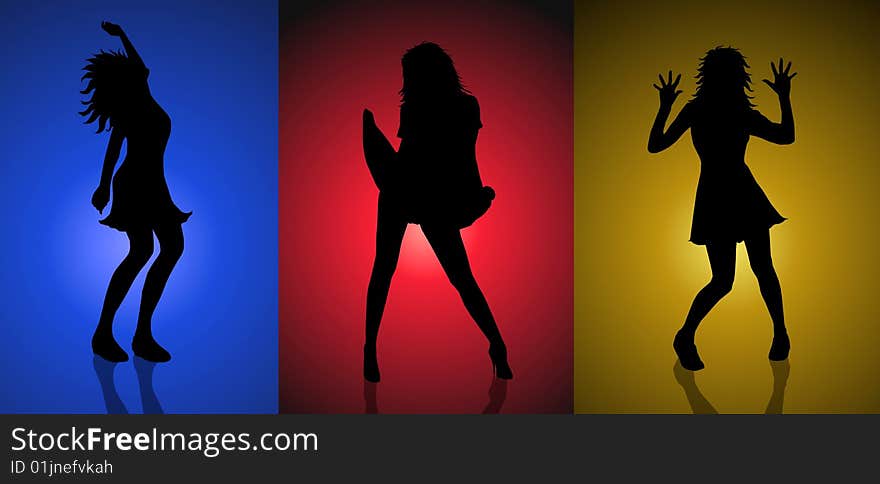 3 Silhouettes of sexy womans on colorful background. 3 Silhouettes of sexy womans on colorful background