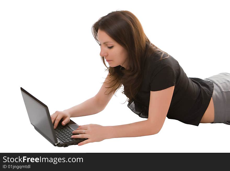 Girl with the laptop isolated on a white background. Girl with the laptop isolated on a white background