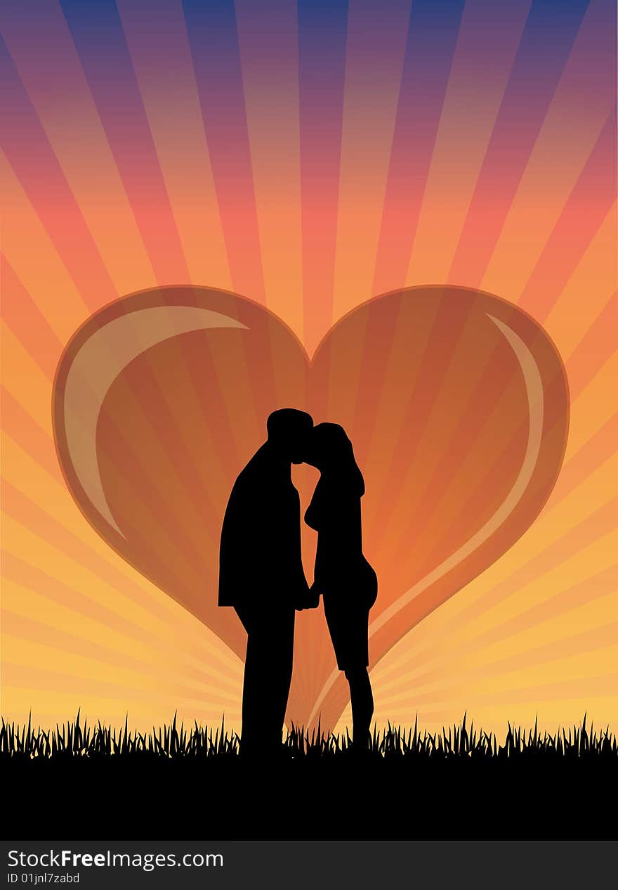 Abstract illustration of kiss with hart and sunse in background. Abstract illustration of kiss with hart and sunse in background