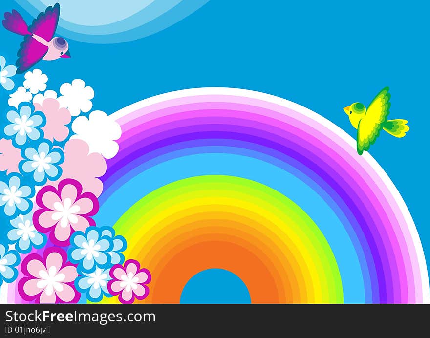 This is a background for the text with rainbow,  elements vegetative and birds. This is a background for the text with rainbow,  elements vegetative and birds