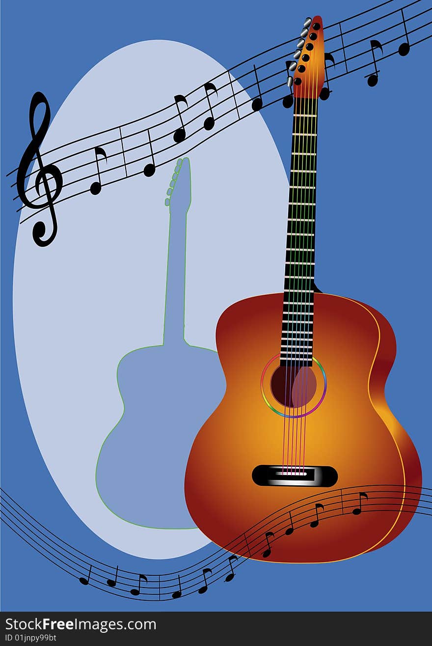 Vector illustration with guitar on blue background