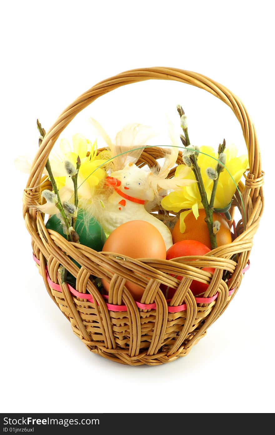 Easter basket, with  colored eggs and lamb