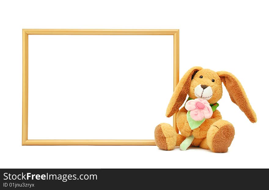 Blank frame for the congratulatory text and hare with a flower. Blank frame for the congratulatory text and hare with a flower