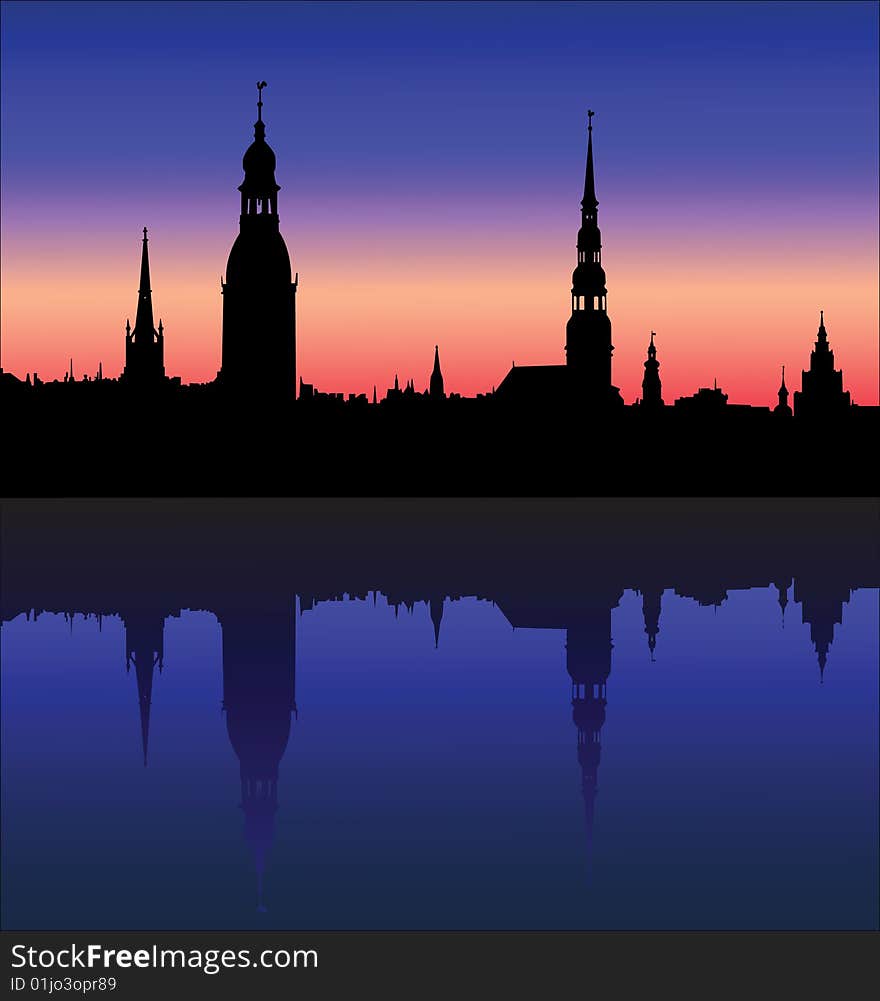 Riga city silhouette reflected in a river.Vector illustration. Riga city silhouette reflected in a river.Vector illustration