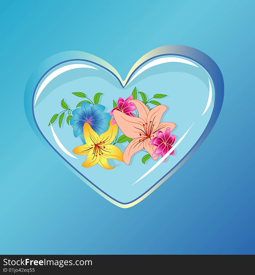 Vector illustration with glass heart and flowers. Vector illustration with glass heart and flowers