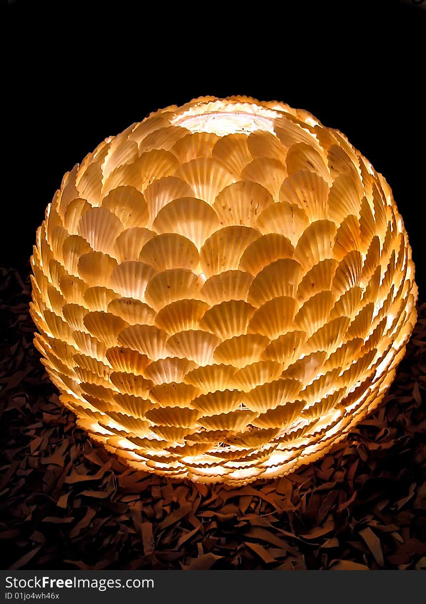 Electric lamp with a lamp shade from sea bowls. Against a dark background