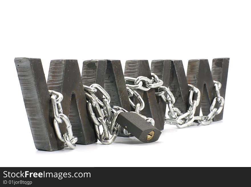 Three metal WWW letters chained and locked with padlock