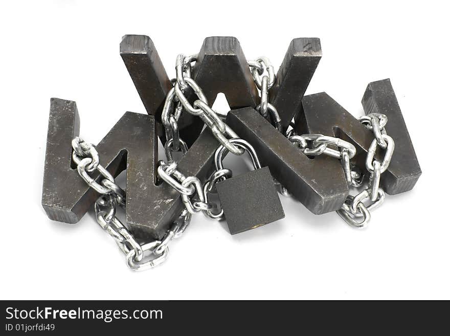 Three metal WWW letters chained and locked with padlock