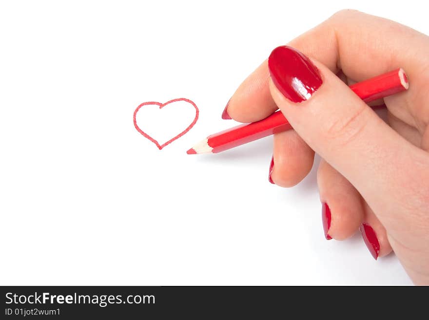 Woman draw red heart symbol, isolated on white