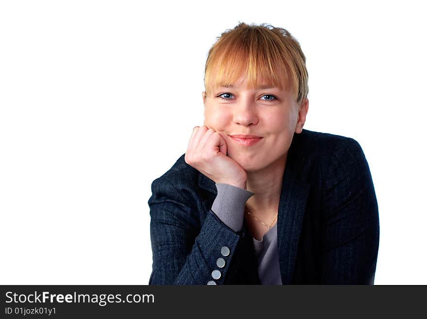 Portrait of woman on a white background in studio