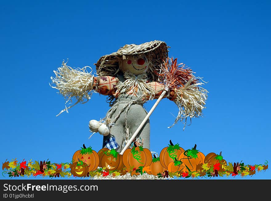 Scarecrow guarding pumpkin patch with blue sky background. Scarecrow guarding pumpkin patch with blue sky background