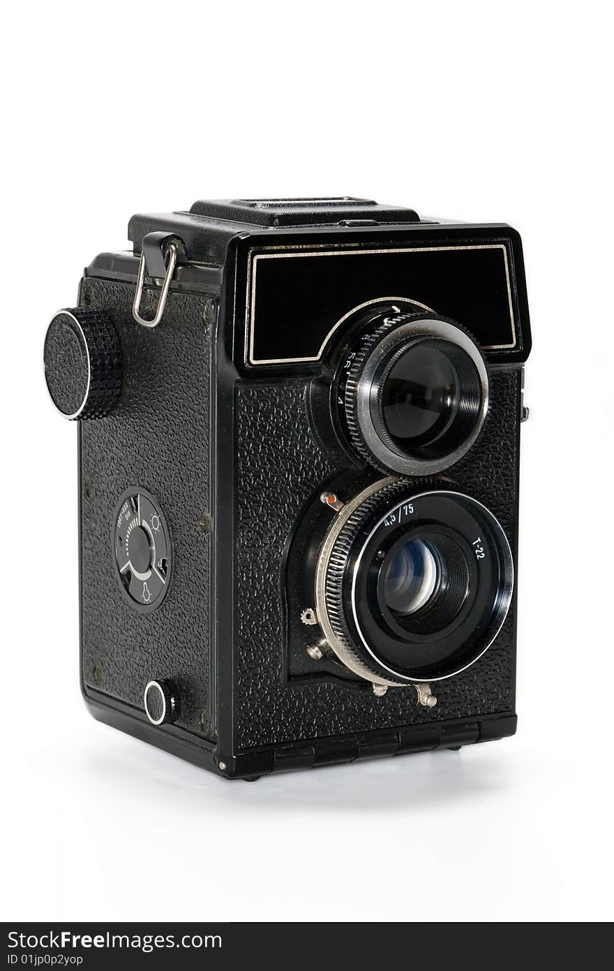 A camera is black, with two lenses