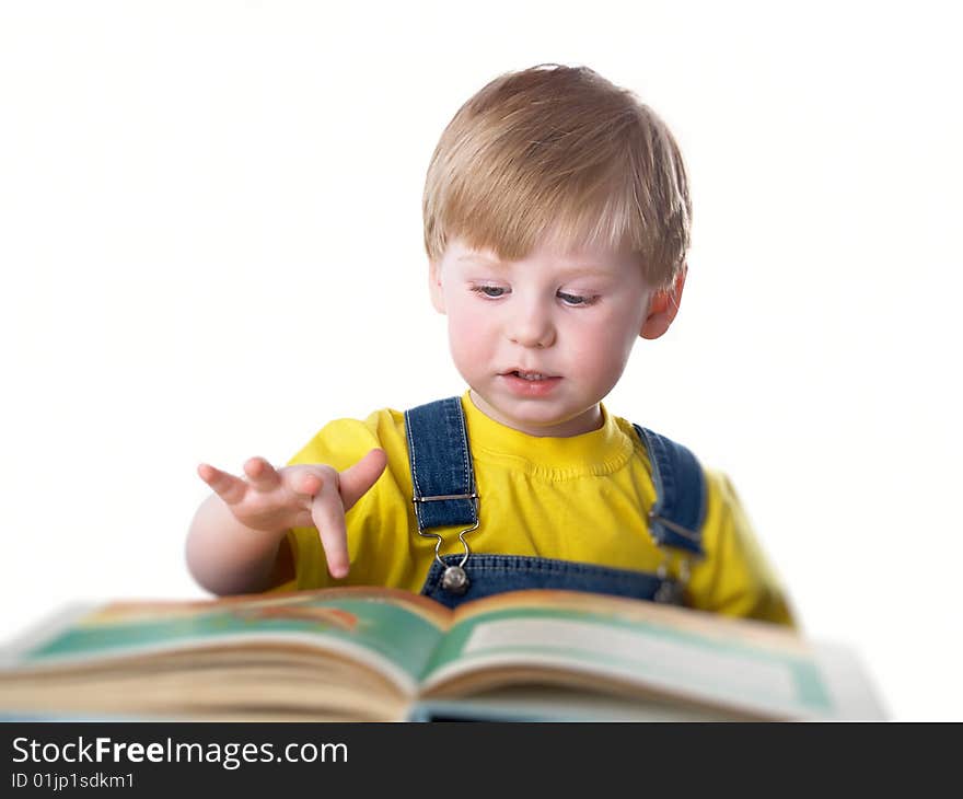 The child with books on the white background