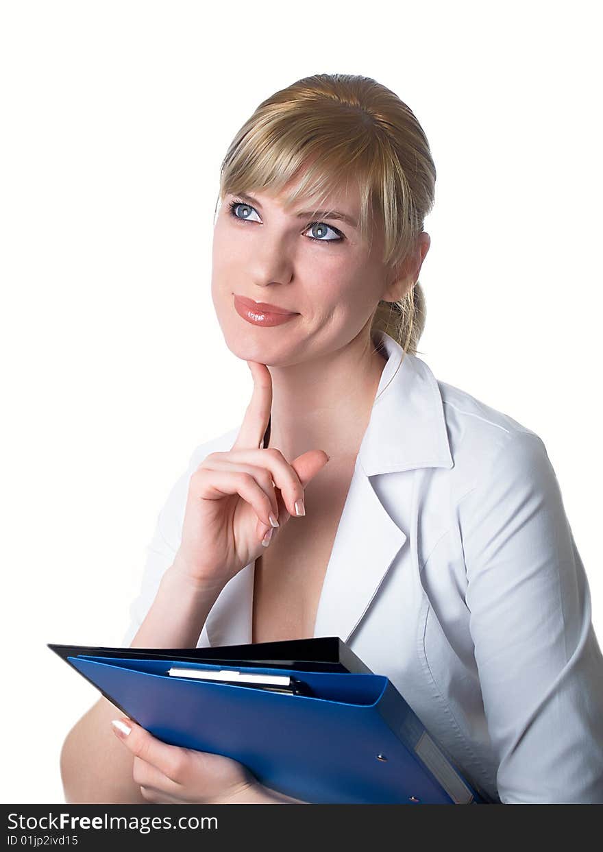 The girl in a white jacket with folders in hands. The girl in a white jacket with folders in hands