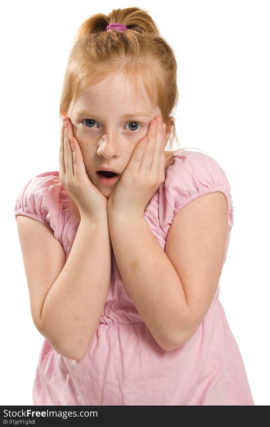 Little girl is shocked isolated on white