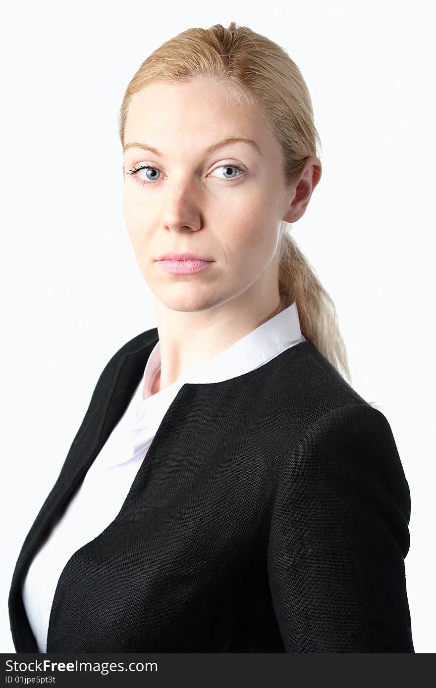 A portrait of a blonde businesswoman on a white background. A portrait of a blonde businesswoman on a white background.