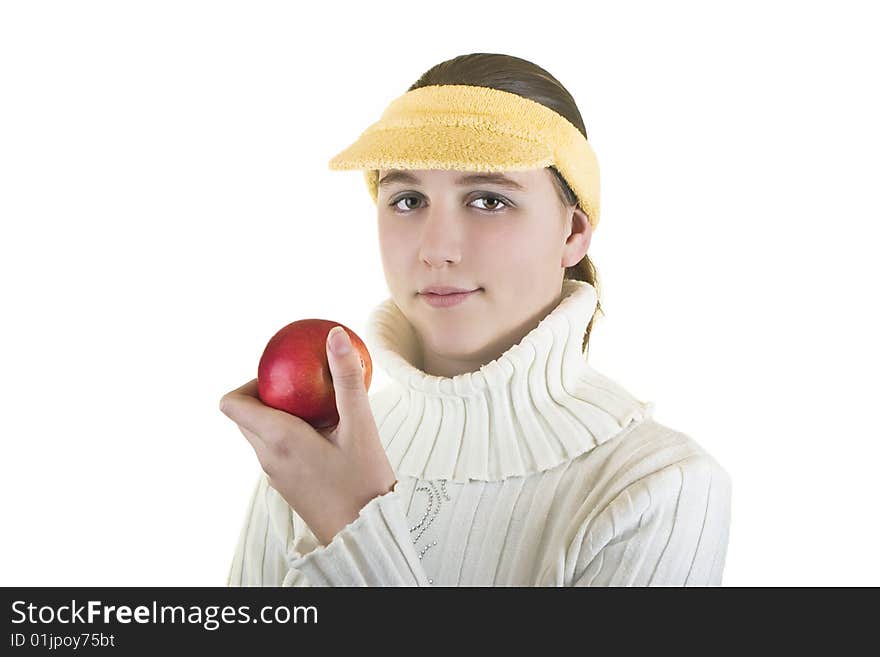 Teenage girl holding red apple,isolated over white background. Healthy eating concept. Teenage girl holding red apple,isolated over white background. Healthy eating concept