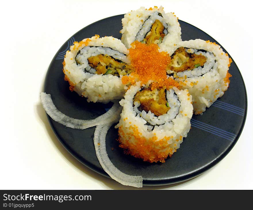 Deep fried oyster sushi rolls in butterfly shape. Deep fried oyster sushi rolls in butterfly shape