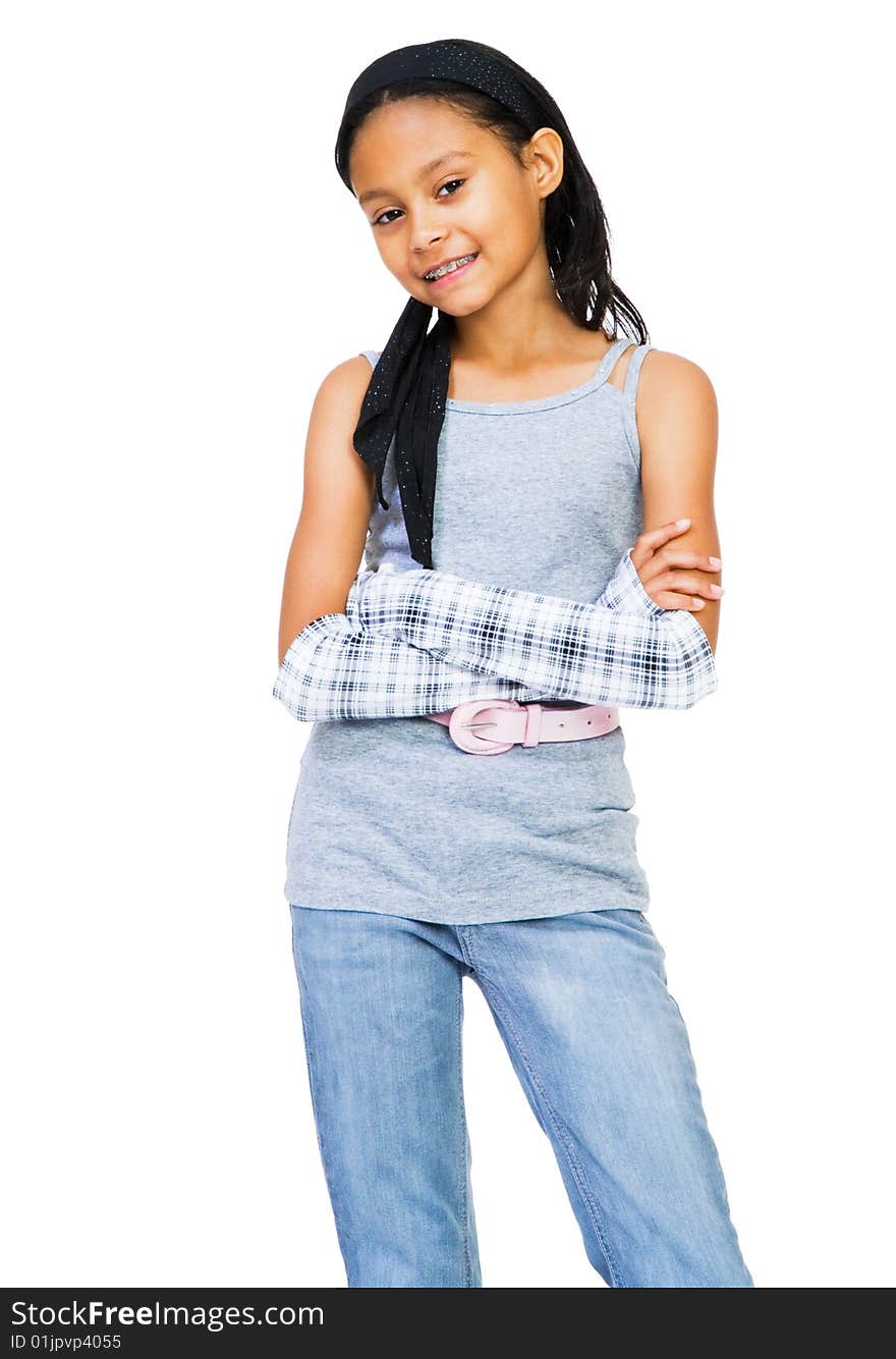 Girl standing and smiling isolated over white