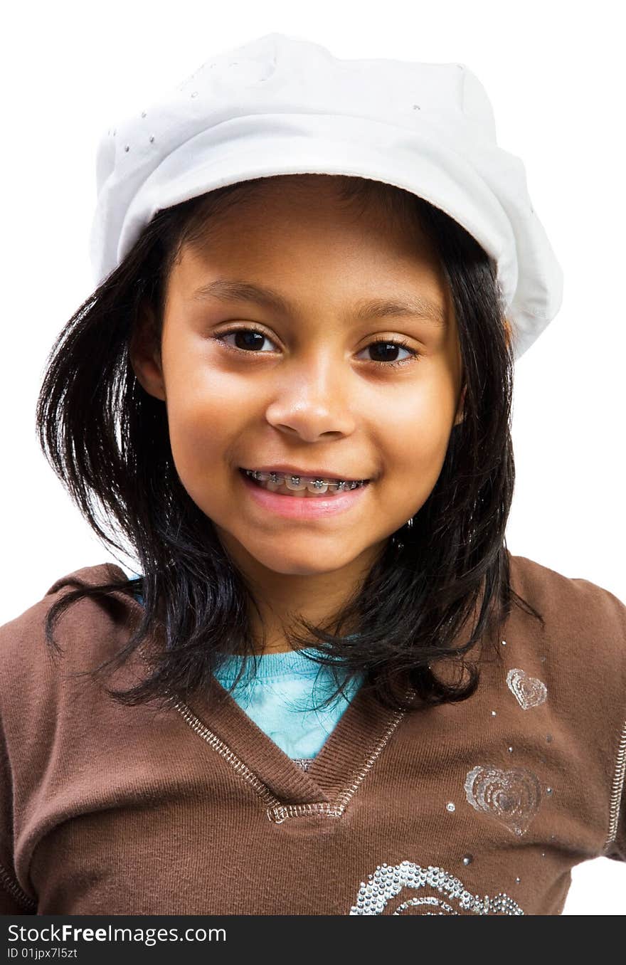 Close-up of a girl smiling isolated over white