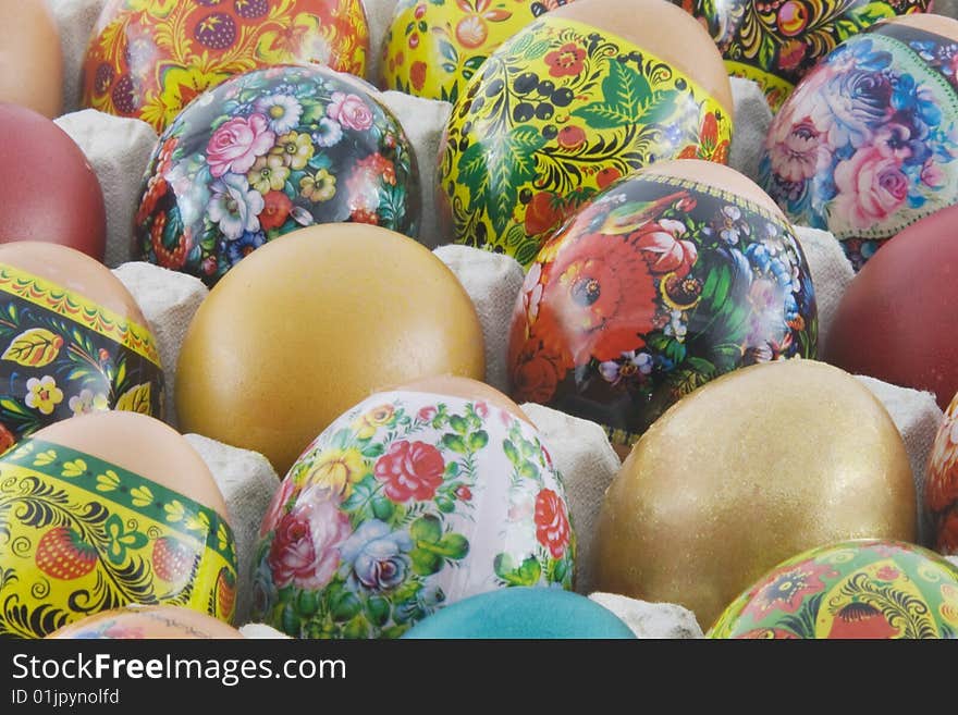 Many decorated different easter eggs