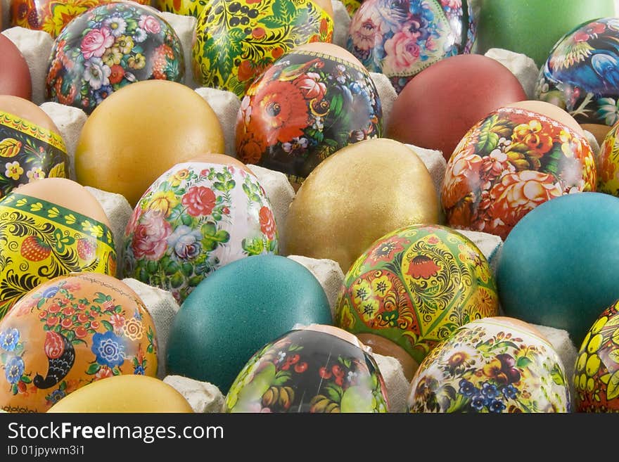 Many decorated different easter eggs background