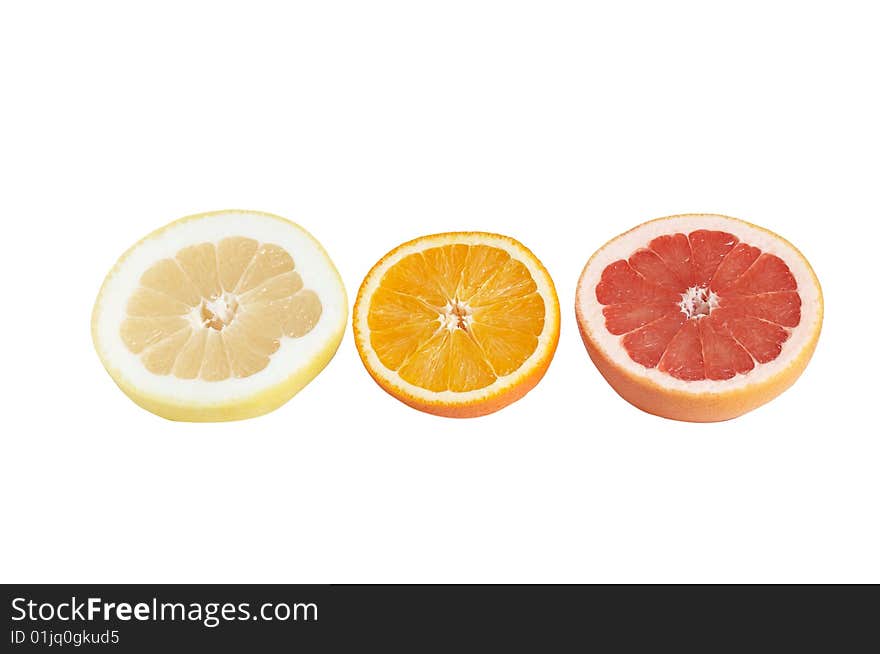 Three slices of juicy citrus isolated on a white background. Three slices of juicy citrus isolated on a white background.