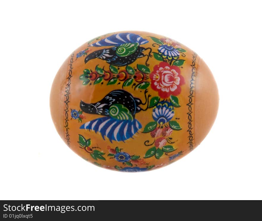 Easter painted egg covered by lacquer and ornamented by miniature painting which is origin from the Russian art. Isolated over white background