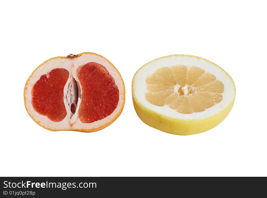 Two pieces of tasty citrus isolated  on a white background. Two pieces of tasty citrus isolated  on a white background.