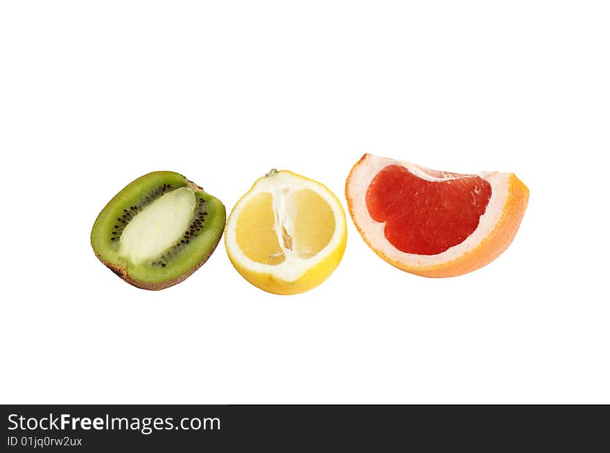 Juicy pieces of lemon,kiwi and grapefruit isolated on a white background. Juicy pieces of lemon,kiwi and grapefruit isolated on a white background.