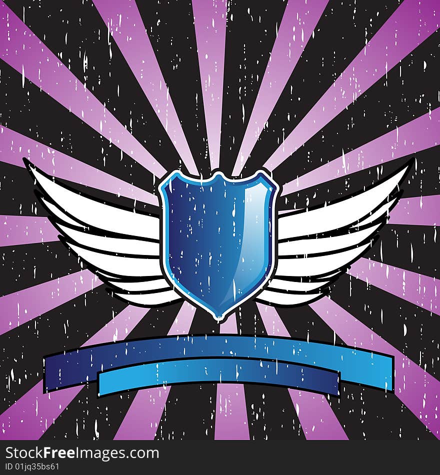 Blue shield design with wings on an interesting background with grunge