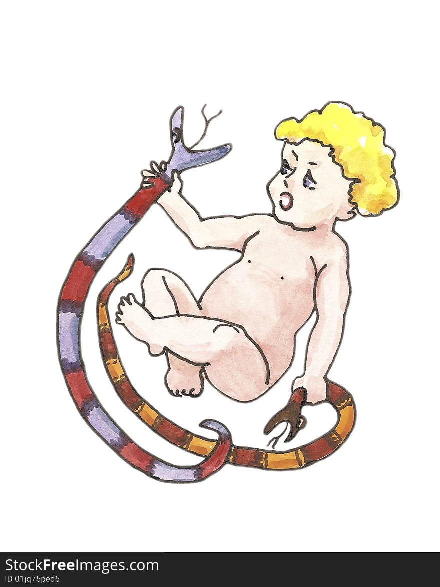 Little Hercules is strangling two snakes