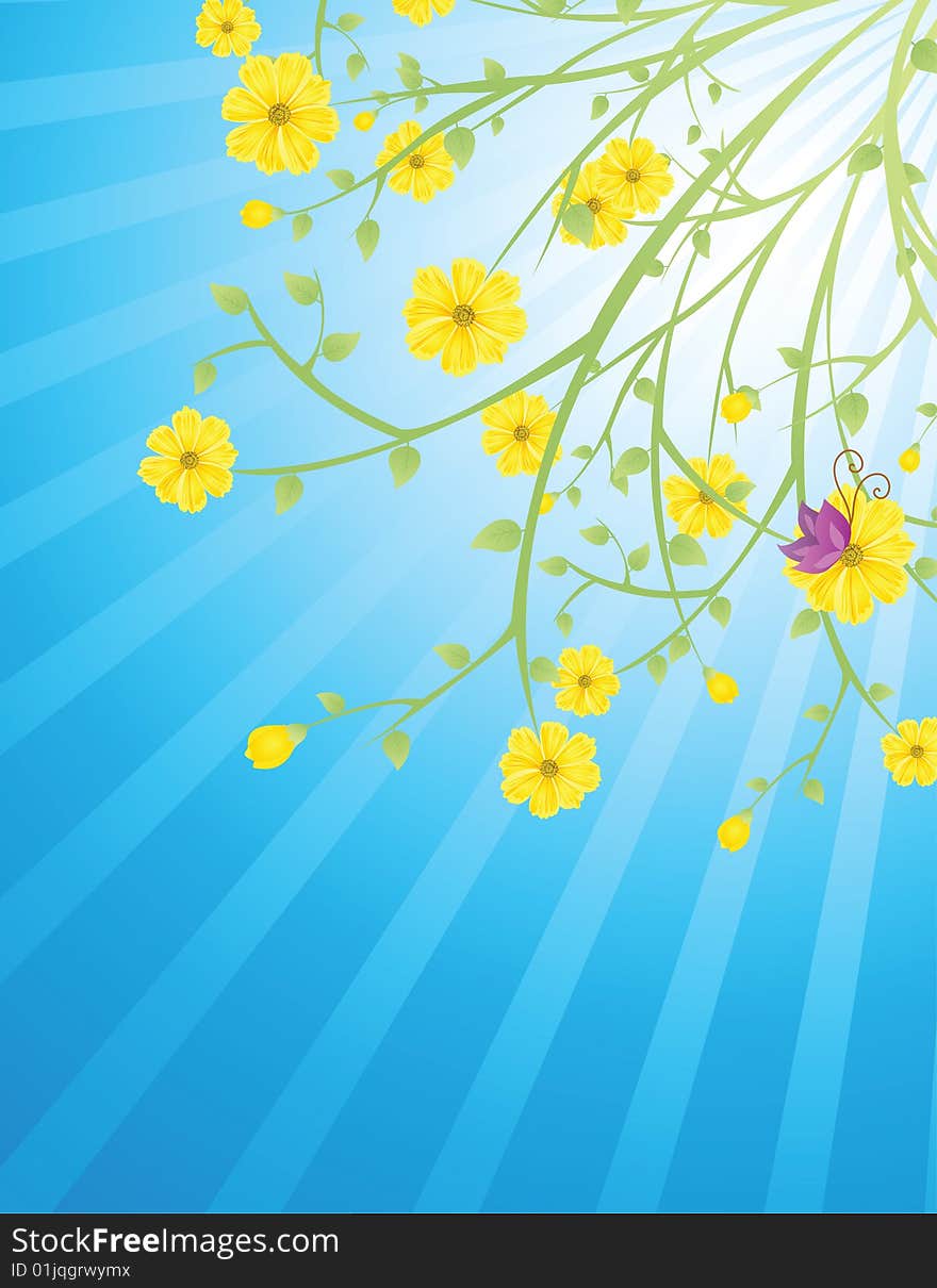 Spring branch with colors on a blue background. Spring branch with colors on a blue background