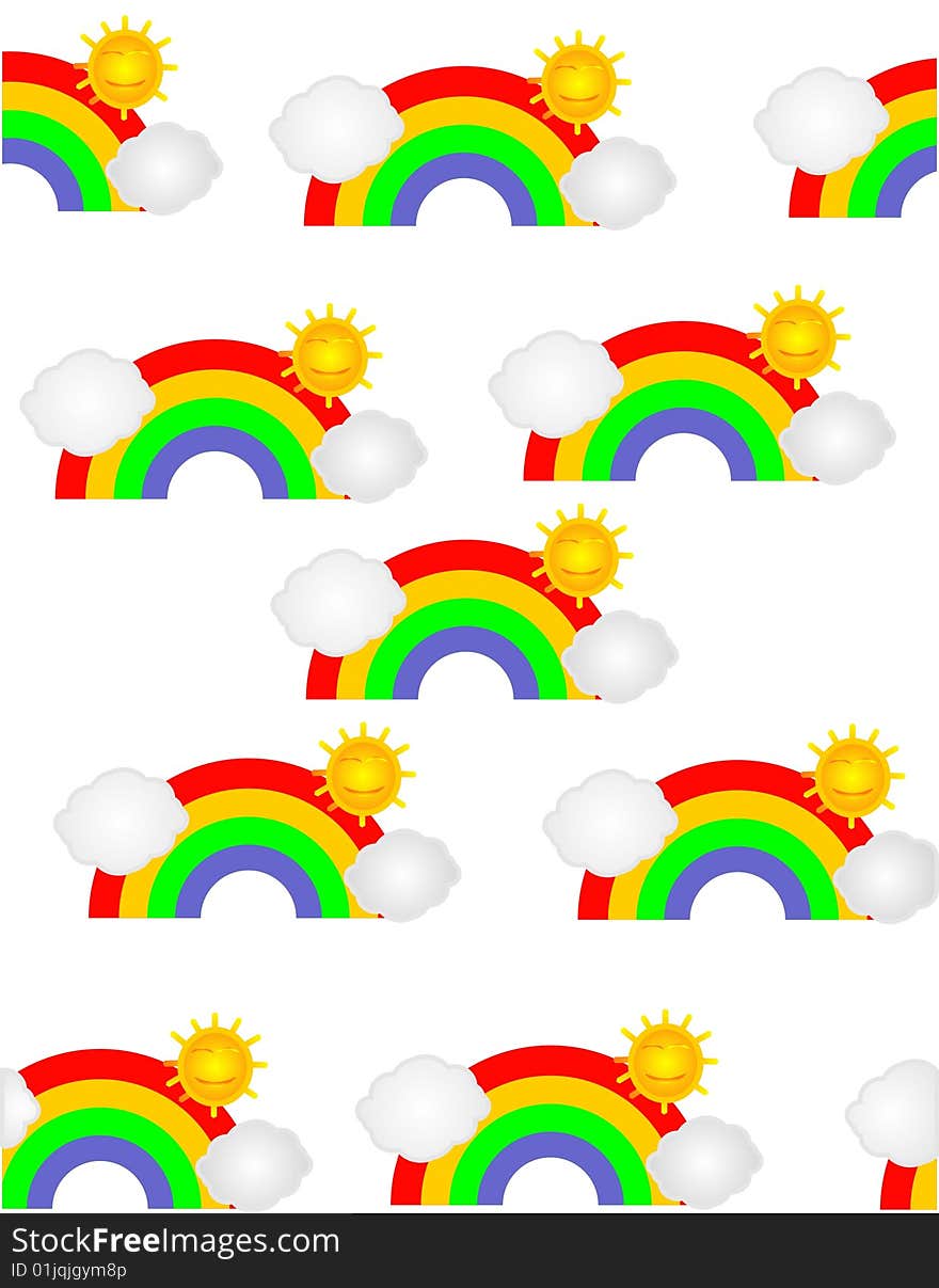 Beautiful rainbows, with the clouds and sun, in a pattern for seamless wallpaper. Beautiful rainbows, with the clouds and sun, in a pattern for seamless wallpaper...